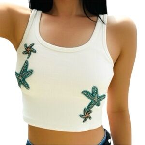 Missguided Starfish Crystal Embellished Ribbed White Crop Tank Top Size Large